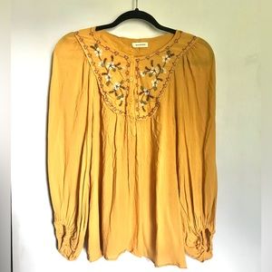 Max Studio Embroidered Floral Swiss Dot Mustard Yellow Blouse